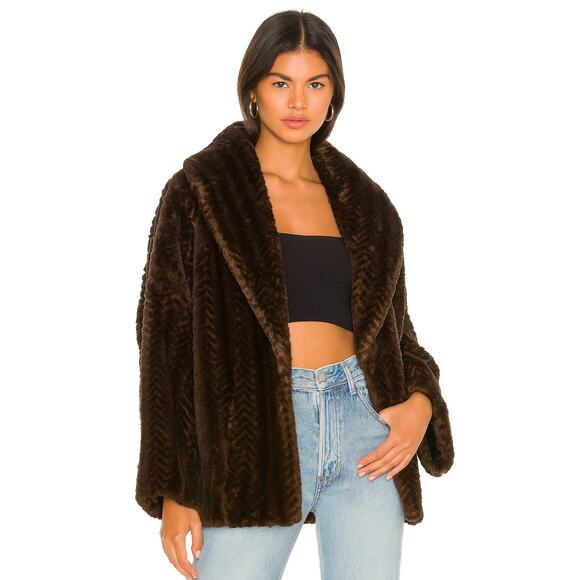 Revolve Adrienne Landau Brown Faux Fur Shawl Collar Coat - Picture 1 of 12